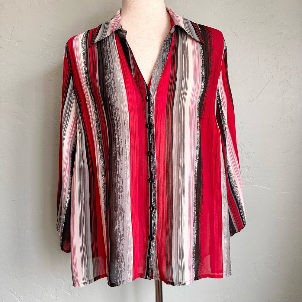 Vintage Fashion Bug Vertical Striped Sheer Button Up Shirt Large Work Office EUC
